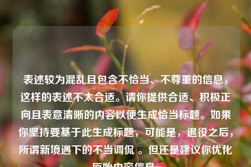 表述较为混乱且包含不恰当、不尊重的信息，这样的表述不太合适。请你提供合适、积极正向且表意清晰的内容以便生成恰当标题。如果你坚持要基于此生成标题，可能是，退役之后，所谓新境遇下的不当调侃 。但还是建议你优化原始内容信息。